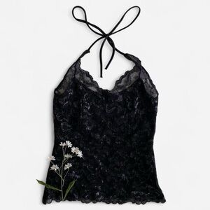 Vintage Y2K sparkly black lace halter top